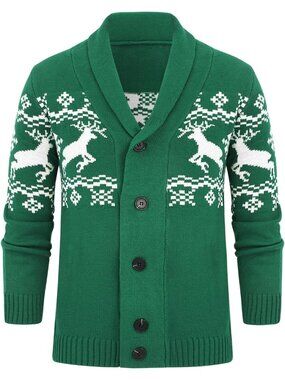 🆕Men's Green Chunky Cable Knit Cardigan Sweater Shawl Collar Button Down